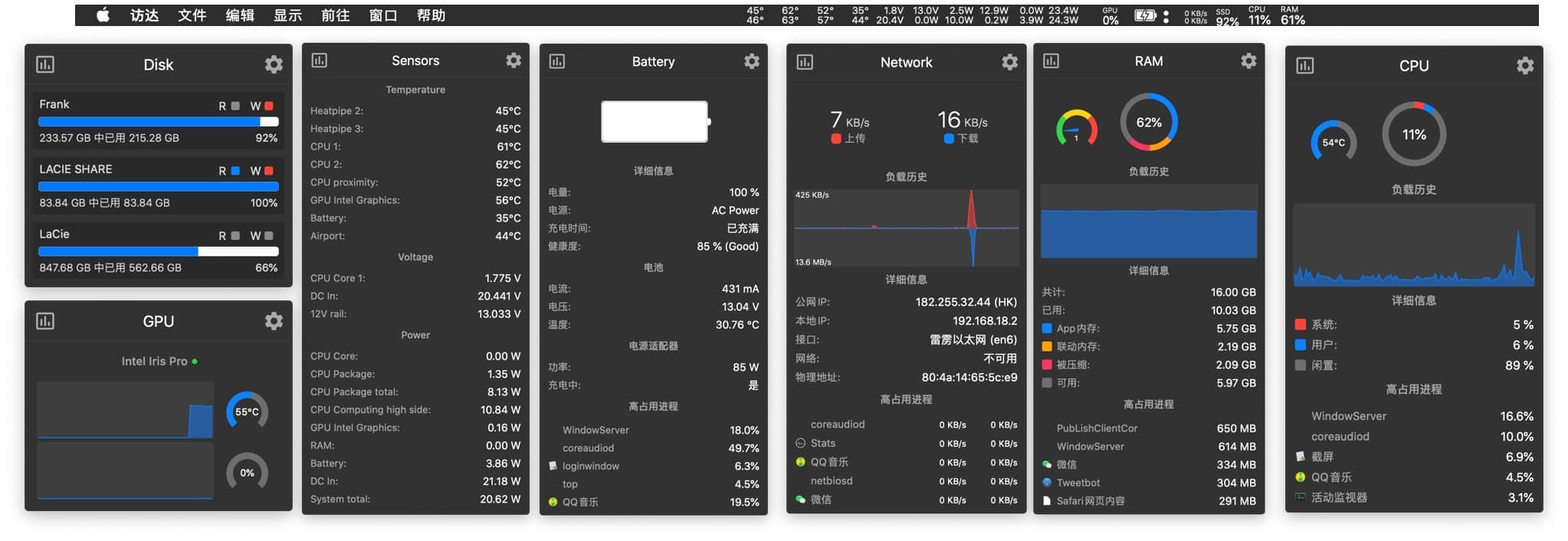 Stats 免费开源好用的 menubar 系统检测软件